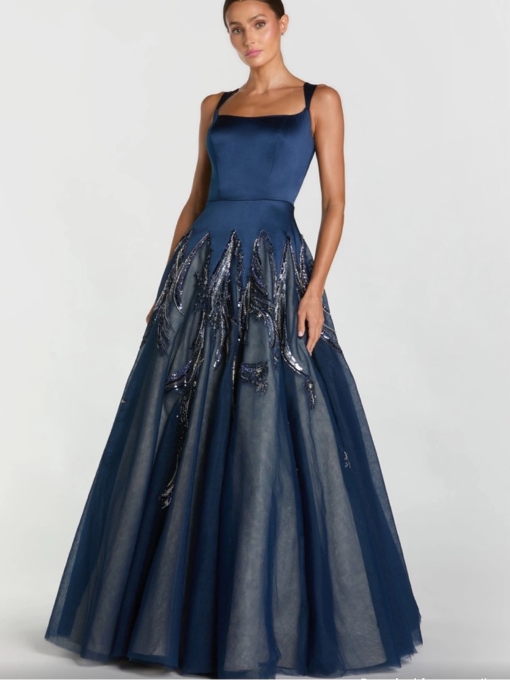 Mac Duggal Navy Blue Embellished Satin & Tulle Maxi Gown